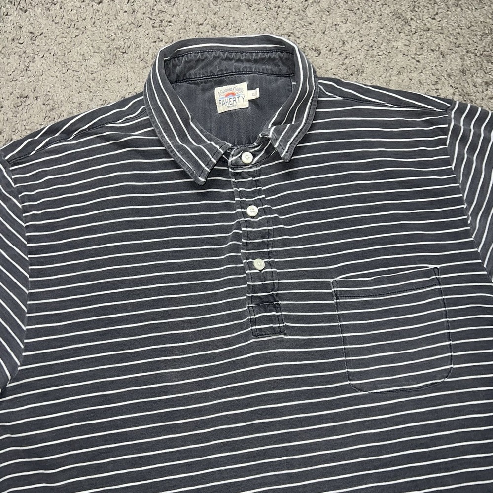 Faherty Shirt Mens Large Polo Black Striped Preppy Casual Soft Cotton Preppy